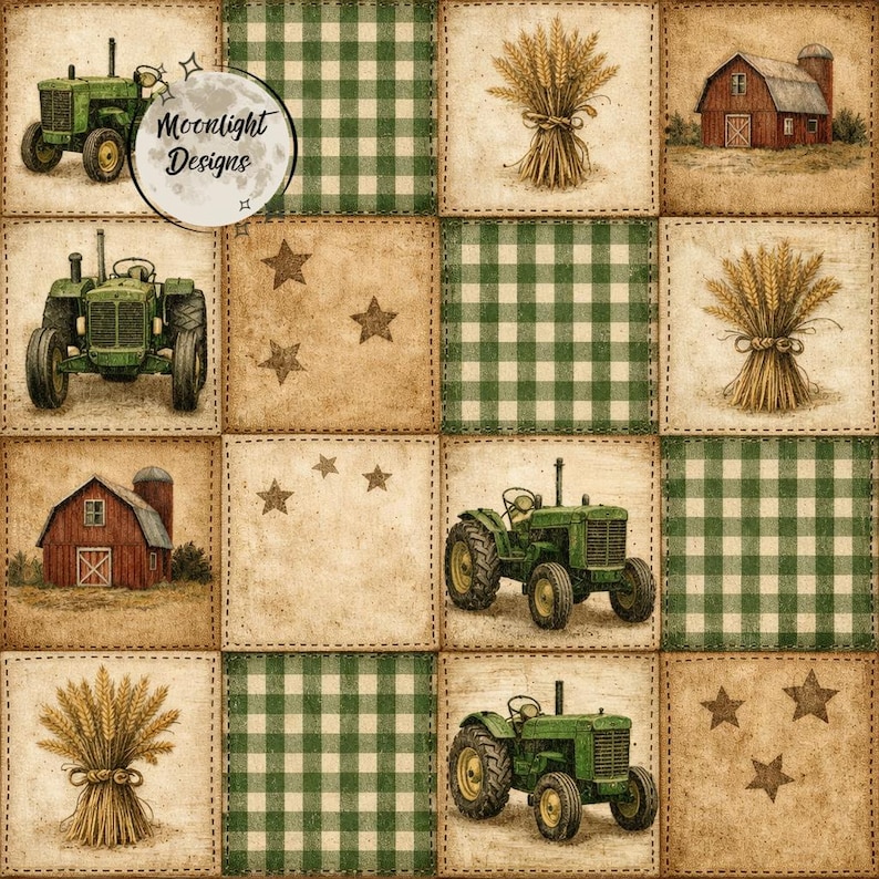 May include: A patchwork design featuring green tractors, red barns, wheat bundles, and green and white checkered patterns. The design includes star accents and the text "Moonlight Designs" within a circular emblem. The overall colour palette is earthy with a vintage aesthetic.