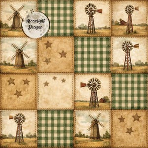May include: A patchwork design featuring squares with windmill illustrations, green gingham patterns, and star motifs. The design has a rustic, vintage aesthetic with a neutral colour palette, and the text "Moonlight Designs" is visible.