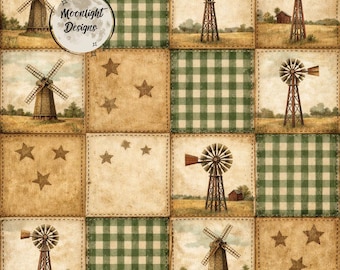 Rustic Farmhouse Windmill Seamless Pattern PNG | Country Patchwork Digital Paper | Green Gingham Western Background | Americana Quilt Design