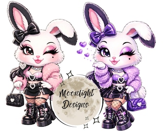 Glam Goth Bunny Clipart | Pink & Purple Y2K PNG Bundle (Digital Download)