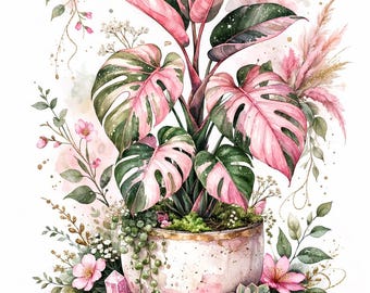 Pink Variegated Plant Watercolor Bundle | Botanical Wall Art Printable (4 Prints)