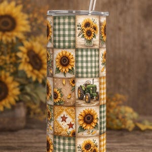 Rustic Sunflower Seamless Pattern PNG | Farmhouse Patchwork Quilt Digital Paper | Fall Gingham Sunflower Background | Country Cottage Floral