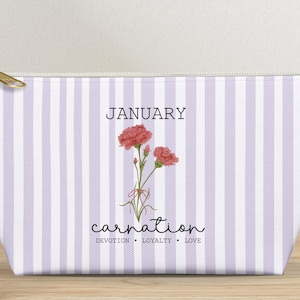 Birth Flower striped Pouch, Floral Birth Month Makeup bag, Carnation Cosmetic Pouch, Bridesmaid Gift, Zipper Travel Toiletry, Teen girl Gift