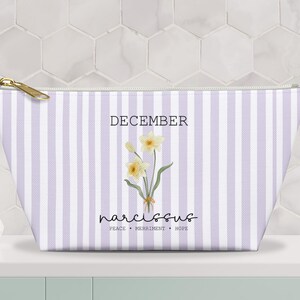 Birth Flower Pouch, Floral Birth Month Makeup Cosmetic Bag, December Gift for Her, Chic Stripe Storage Makeup Pouch, Toiletry  Zipper Pouch