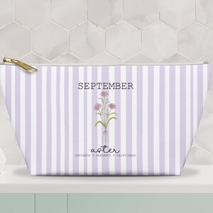 Birth Flower Pouch, Floral Birth Month Makeup Cosmetic Bag, September Gift for Her, Chic Stripe Storage Makeup Pouch, Toiletry Zipper Pouch
