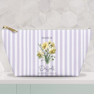 Birth Flower Pouch, Floral Birth Month Makeup Cosmetic Bag, March Gift for Her, Chic Stripe Storage Makeup Pouch, Toiletry Bag, Zipper Pouch