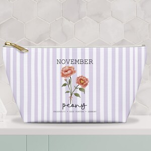 Birth Flower Pouch, Floral Birth Month Makeup Cosmetic Bag, November Gift for Her, Chic Stripe Storage Makeup Pouch, Toiletry Zipper Pouch