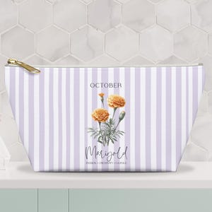 Birth Flower Pouch, Floral Birth Month Makeup Cosmetic Bag, October Gift for Her, Chic Stripe Storage Makeup Pouch, Toiletry Zipper Pouch
