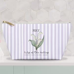 Birth Flower Pouch, Floral Birth Month Makeup Cosmetic Bag, May Gift for Her, Chic Stripe Storage Makeup Pouch, Toiletry Bag, Zipper Pouch