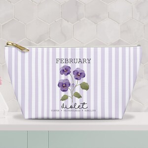 Birth Flower Pouch, Floral Birth Month Makeup Cosmetic Bag, February Gift for Her, Chic Stripe Storage Makeup Pouch, Toiletry  Zipper Pouch