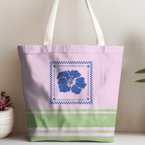 Gestreifte Hibiskus-Einkaufstasche, Trendige Streifen-Strandtasche, Markttasche, Geschenk für Freund, Sommer-Umhängetasche, Adrette Urlaubstasche, Beachy Pool-Tasche
