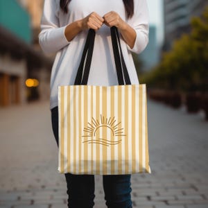 Gestreifte Einkaufstasche mit Sonnenaufgang, perfekt für Strandtage, Lebensmittel, Einkaufen, umweltfreundlich, Geschenk für sie, Sommervibes, große Badetasche