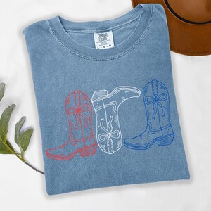 Red White Blue Cowgirl Boots Graphic Tee | Patriotic Western Shirt