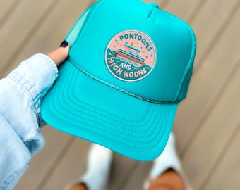 Pontoons and High Noons Trucker Hat – Lake Hair, Don’t Care Vibes – Funny Summer Snapback – Boat Day Essential – Bachelorette Party Hat