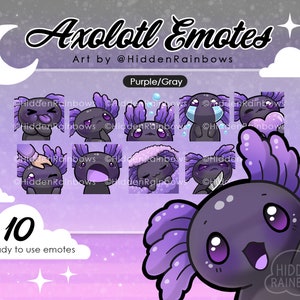 Purple and Grey Axolotl Twitch Emotes/ Emote Set/ Streaming, Youtube, Facebook, Discord, gaming, emoji, cute, kawaii, chibi