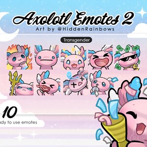 Op de afbeelding: Een set van 10 digitale axolotl-emoticons met verschillende uitdrukkingen. De emoticons zijn ontworpen in een cartoon-stijl met roze en blauwe kleuren. De tekst "Axolotl Emotes 2" en "Transgender" is zichtbaar in de afbeelding.