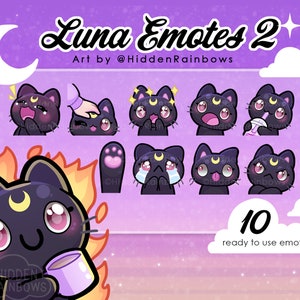 Pode incluir: Um conjunto de 10 emojis animados de gato que mostram um gato preto com uma lua crescente na testa. Os emojis mostram o gato em várias expressões, incluindo feliz, surpreso, triste e com raiva. O texto "Luna Emotes 2" e "Art by @HiddenRainbows" é exibido acima dos emojis. O texto "10 ready to use emotes" é exibido abaixo dos emojis.