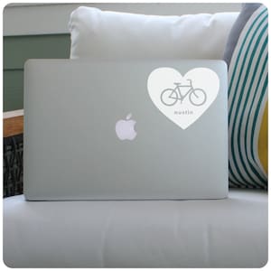 Bicycle, Heart Biking in the City! Custom City Text - Car Laptop Bumper Sticker Vinyl Decal