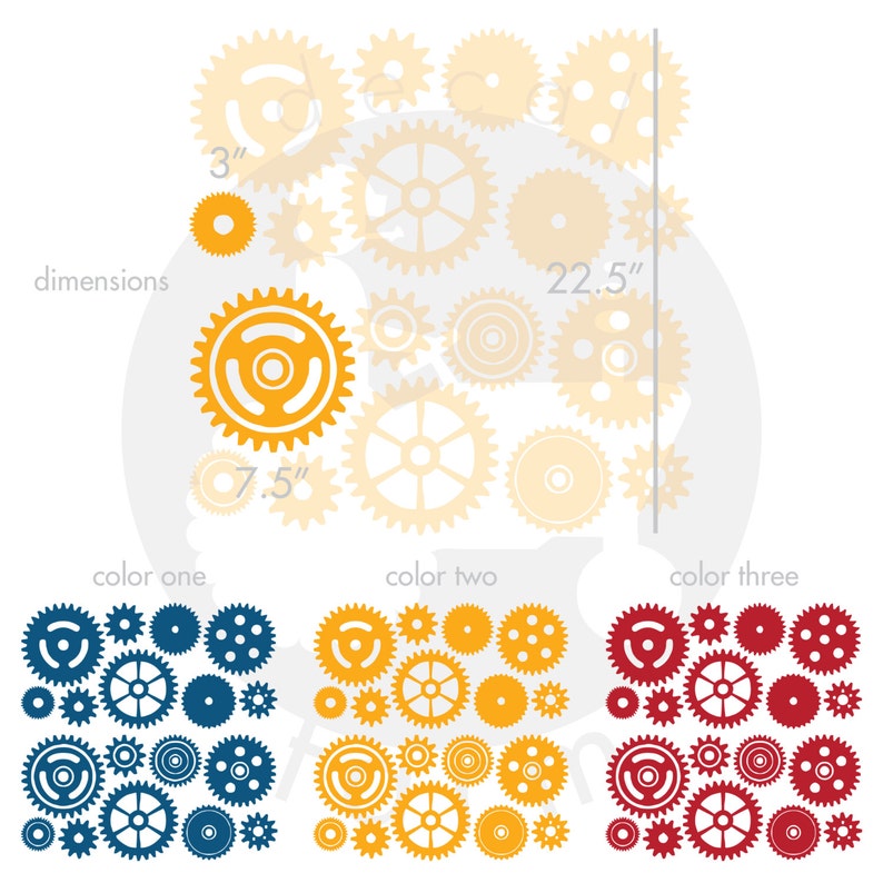 Gears and Cogs, Three Color Set Vinyl Wall Art Decal Sticker image 3