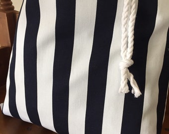 Large Navy Blue and White Cotton Striped Drawstring Book Bag, Australian Sellers, Laundry Bag, Travel Organiser, Christmas Bag, Shoe Bags