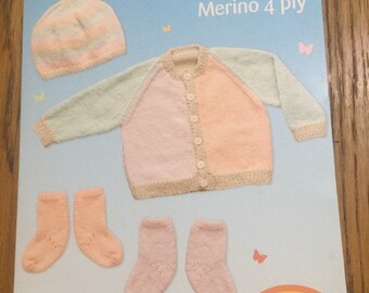 Shepherd Baby Wool Merino 4 Ply Cardigan, Hat and Sock Set Instruction Booklet, Knitting Pattern for Babies To Fit 0-12 months Australia