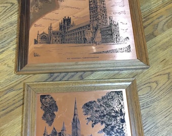 Set of Two Etchmaster Original Copper Framed Pictures Ely Cathedral Cambridgeshire Made in England Vintage Pictures Collectable Art Aust