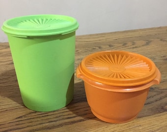 Pair of Vintage Tupperware Containers, Cookie Jar Green Orange Plastic Containers, Made in Australia, Retro Kitchen Gift Funky Storage Idea