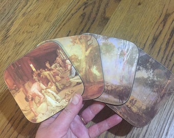 Set of Four Vintage Cork Coffee Coasters, Tom Roberts Hans Heyson Walter Withers Australian Artists Vintage Kitchen Gift Cup Coasters