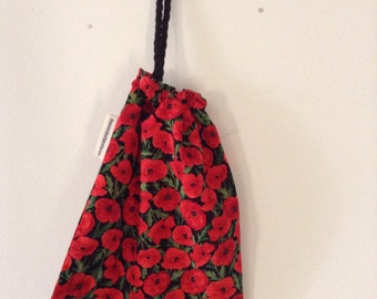 Extra Small Red Poppy Cotton  Drawstring Bag, Accessory Pouch, Lest we Forget Flower Bag, Made in Australia