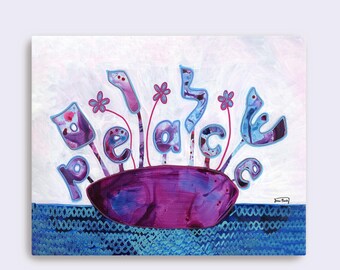 Canvas Art Print, "Shalom - Peace Still Life"  | Jewish Wall Art Giclee on Stretched Canvas | Hebrew - English Modern Botanical Home Decor