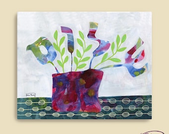 Canvas Art Print, "Shalom Still Life"  - Jewish Wall Art Giclee on Stretched Canvas – Hebrew Modern Botanical Home Decor