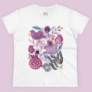 Shalom Vögel Granatäpfel T-Shirt für Frauen, hebräisches botanisches T-Shirt
