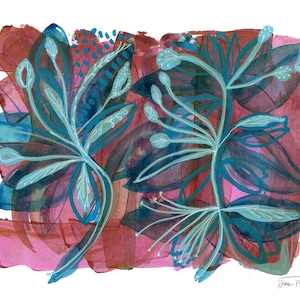 May include: An abstract painting featuring two prominent teal botanical forms with delicate white line details. The background consists of layered, translucent brushstrokes in shades of deep red, magenta, and blue. The artist signature Dina Pinsky is visible in the bottom right corner.