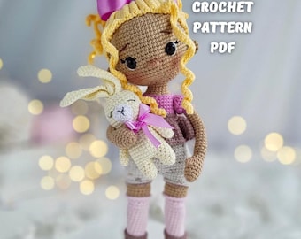 Crochet English Pattern Doll with a little bunny, Amigurumi crochet pattern princess doll, stuffed cute Doll pattern