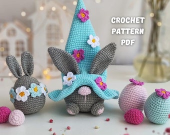 Crochet patterns Easter bunny and crochet egg pattern, Crochet bunny gnome amigurumi pattern, crochet easter decoration pattern