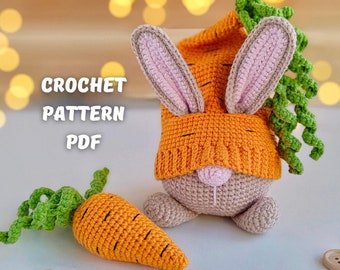 Crochet Easter Bunny gnome pattern and Carrot, Crochet Easter decor gnome amigurumi PDF pattern, Gardener gift