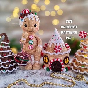 May include: Crochet pattern PDF for a gingerbread man, gingerbread house, and gingerbread Christmas tree. The pattern includes instructions for making all three items.