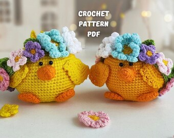 Haakpatronen Lentekuiken, paaskabouter amigurumipatroon met gehaakte bloem, tuinkabouter, vakantiekabouter