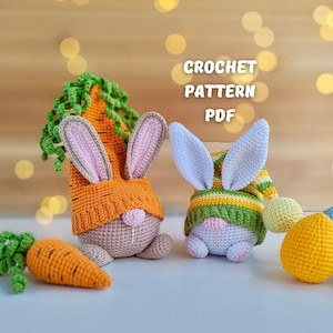 May include: Crochet pattern PDF for making two amigurumi bunnies. One bunny is wearing a carrot hat and the other is wearing a green and yellow striped hat. There are also three crocheted Easter eggs in the image.