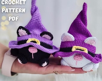 Crochet Halloween cats gnome pattern, Amigurumi gnome halloween toy English PDF, holiday gnome decor