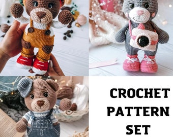 BEAR Set 3 in 1 Crochet Pattern Animals, Amigurumi Teddy Bear crochet, English PDF file, Crochet toy pattern