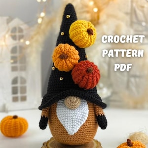 Crochet Gnome with pumpkins pattern, Halloween Crochet gnome fall pattern, Holiday Thanksgiving gnome garden decor ornament