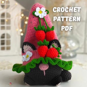 Crochet Strawberry cat gnome pattern, Amigurumi garden gnome toy English PDF, crochet play food holiday gnome decor