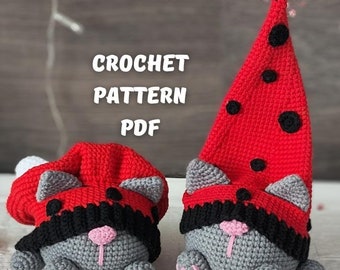 Crochet Сat gnome with Lady buug pattern, Gnome amigurumi pattern, crochet summer garden gnome pattern