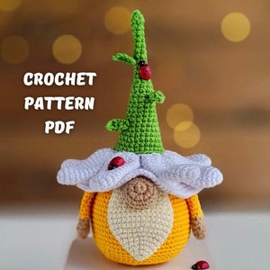 Gnome Daisy crochet patterns, Amigurumi flower gnome spring garden English PDF tutorial, Crochet gnome pattern with crochet sunflowers