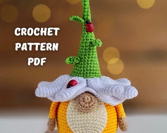Gnome Daisy crochet patterns, Amigurumi flower gnome spring garden English PDF tutorial, Crochet gnome pattern with crochet sunflowers