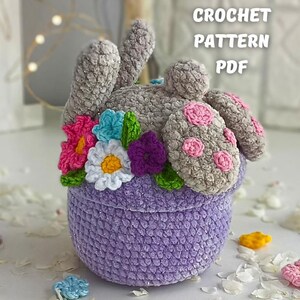 Crochet Bunny in a pot with flowers pattern, Crochet Spring bunny amigurumi, Crochet Easter animals decor pattern