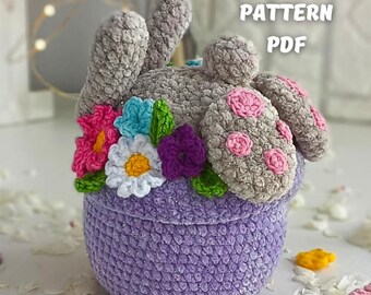 Crochet Bunny in a pot with flowers pattern, Crochet Spring bunny amigurumi, Crochet Easter animals decor pattern