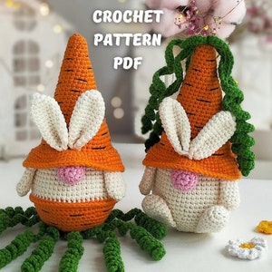 Crochet Carrot Bunnies gnome Easter pattern, Crochet Easter decor gnome amigurumi PDF pattern, Gardener gift