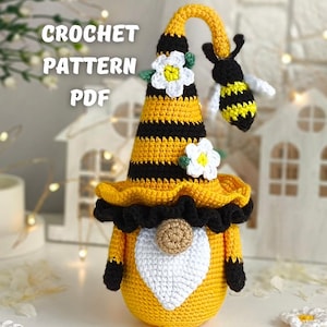 Crochet Gnome Bee Pattern, Amigurumi Garden gnome pattern, Crochet gnome pattern with crochet flowers